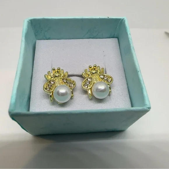 Gold and White Floral Pearl Earrings “Queen Bee” - Picture 1 of 5
